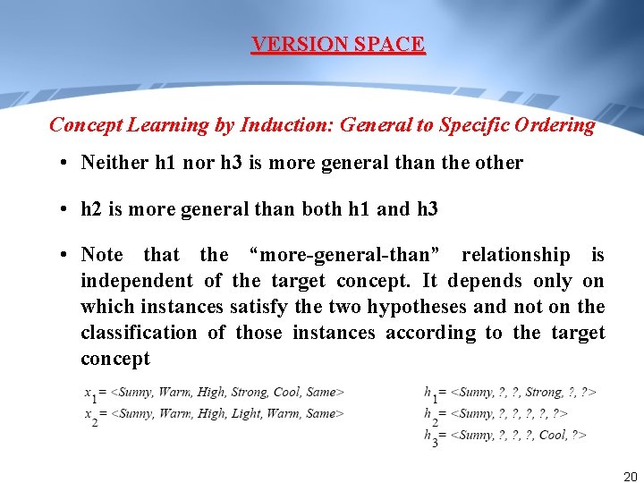 VERSION SPACE Concept Learning by Induction: General to Specific Ordering • Neither h 1