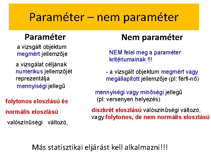 Paraméter – nem paraméter Paraméter a vizsgált objektum megmért jellemzője a vizsgálat céljának numerikus