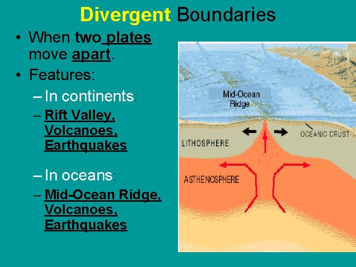 Divergent Boundaries • When two plates move apart. • Features: – In continents: –
