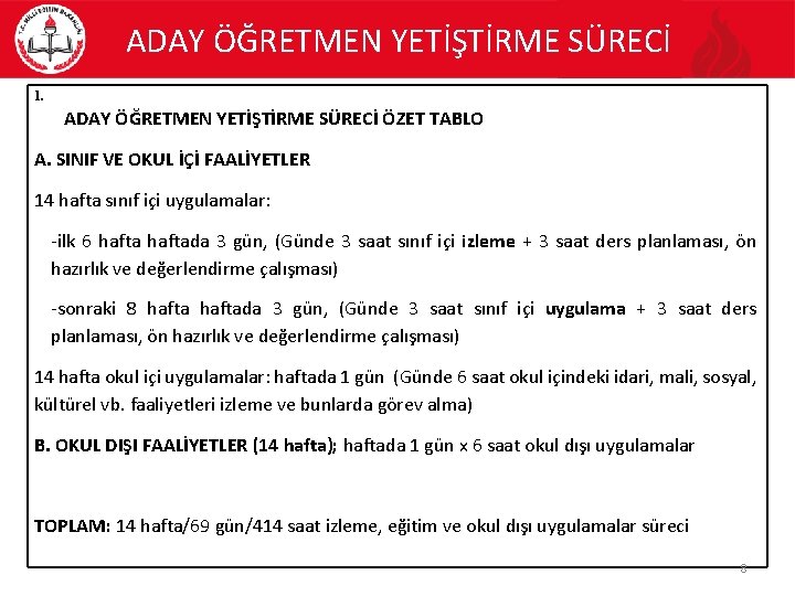 ADAY ÖĞRETMEN YETİŞTİRME SÜRECİ 1. ADAY ÖĞRETMEN YETİŞTİRME SÜRECİ ÖZET TABLO A. SINIF VE