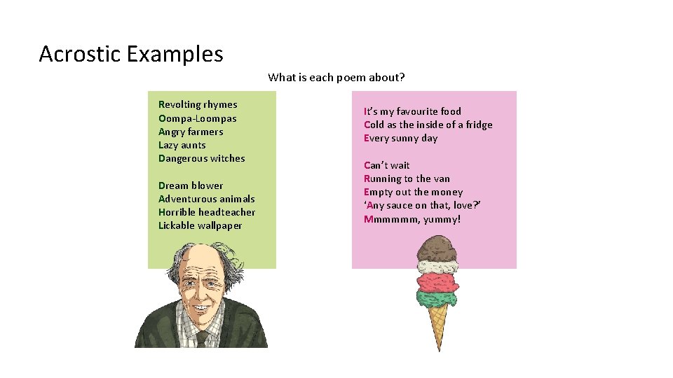 Acrostic Examples What is each poem about? R Revolting rhymes Oompa-Loompas O Angry farmers