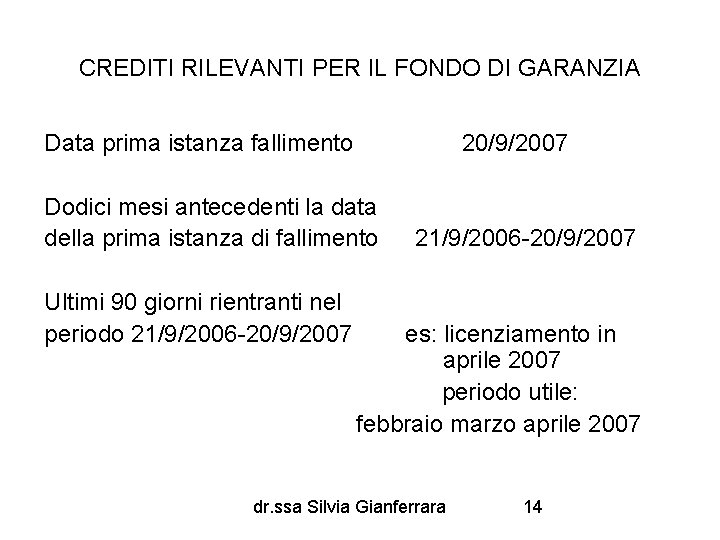 CREDITI RILEVANTI PER IL FONDO DI GARANZIA Data prima istanza fallimento 20/9/2007 Dodici mesi