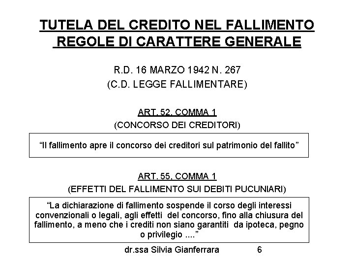 TUTELA DEL CREDITO NEL FALLIMENTO REGOLE DI CARATTERE GENERALE R. D. 16 MARZO 1942