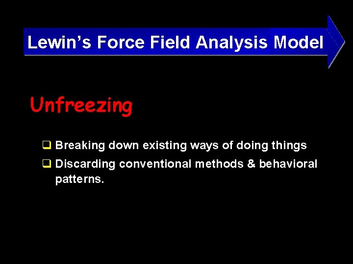 Lewin’s Force Field Analysis Model Unfreezing q Breaking down existing ways of doing things