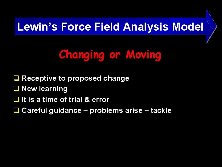 Lewin’s Force Field Analysis Model Changing or Moving q Receptive to proposed change q