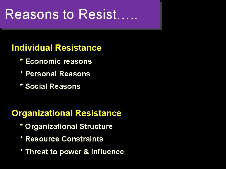 Reasons to Resist…. . Individual Resistance * Economic reasons * Personal Reasons * Social