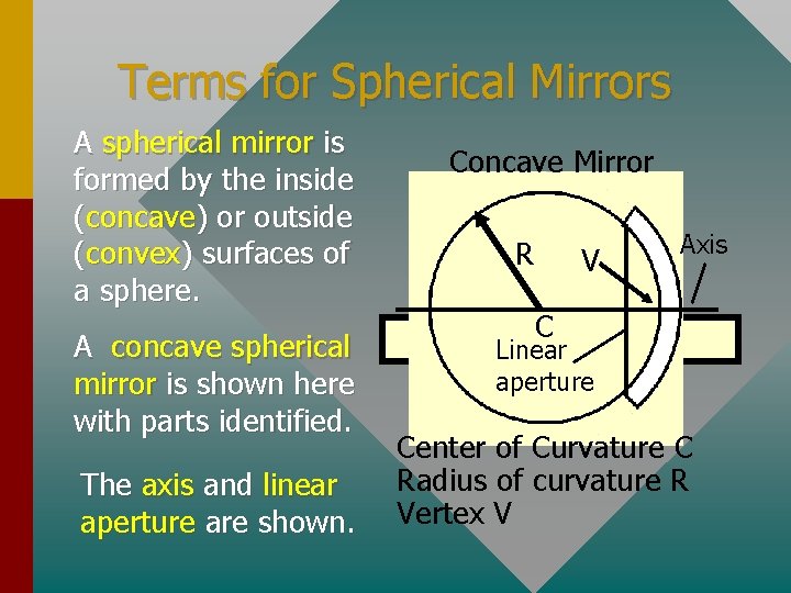 Terms for Spherical Mirrors A spherical mirror is formed by the inside (concave) or