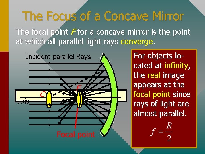 The Focus of a Concave Mirror The focal point F for a concave mirror