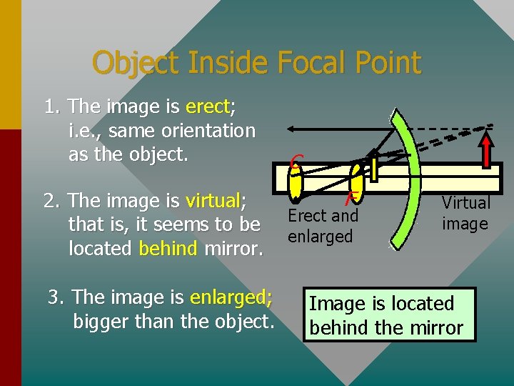 Object Inside Focal Point 1. The image is erect; i. e. , same orientation