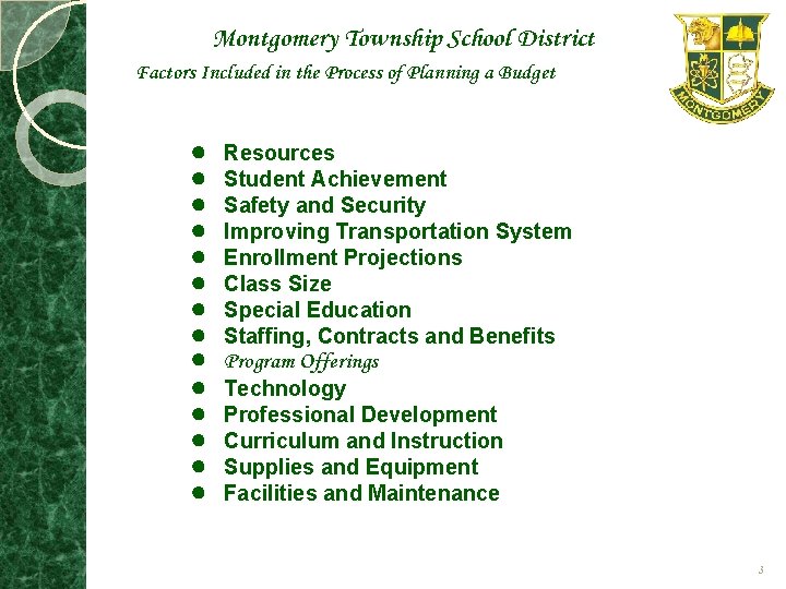 Montgomery Township School District Factors Included in the Process of Planning a Budget ●
