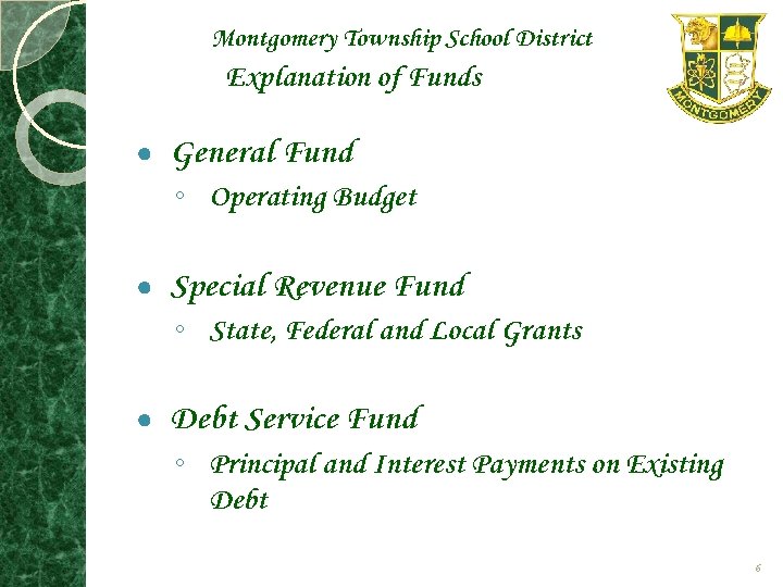 Montgomery Township School District Explanation of Funds ● General Fund ◦ Operating Budget ●