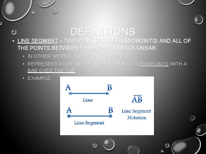 DEFINITIONS • LINE SEGMENT – TWO POINTS (CALLED ENDPOINTS) AND ALL OF THE POINTS