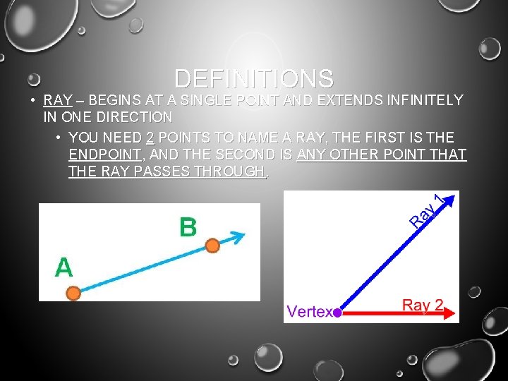 DEFINITIONS • RAY – BEGINS AT A SINGLE POINT AND EXTENDS INFINITELY IN ONE