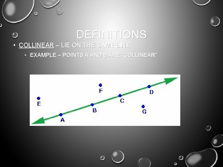 DEFINITIONS • COLLINEAR – LIE ON THE SAME LINE • EXAMPLE – POINTS A