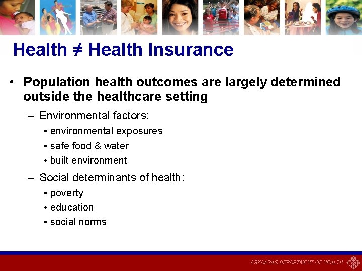 Health ≠ Health Insurance • Population health outcomes are largely determined outside the healthcare