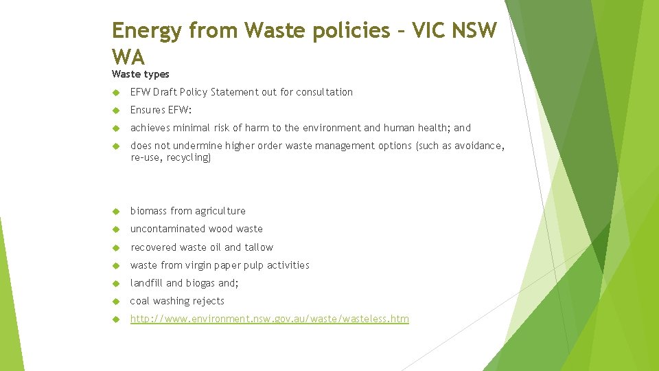 Energy from Waste policies – VIC NSW WA Waste types EFW Draft Policy Statement