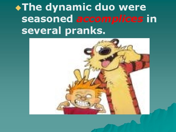 u. The dynamic duo were seasoned accomplices in several pranks. 