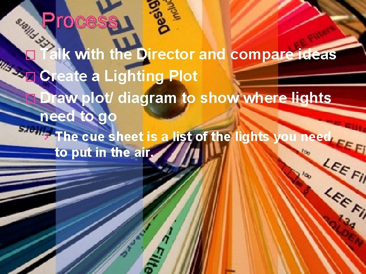 Process � Talk with the Director and compare ideas � Create a Lighting Plot