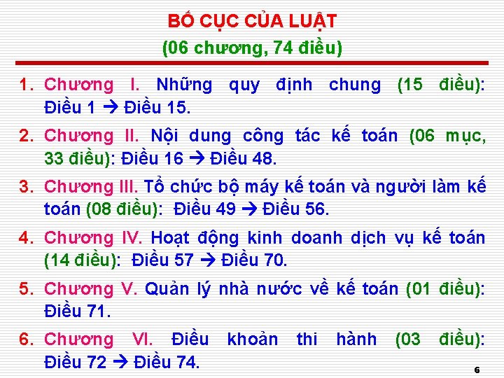 BỐ CỤC CỦA LUẬT (06 chương, 74 điều) 1. Chương I. Những quy định