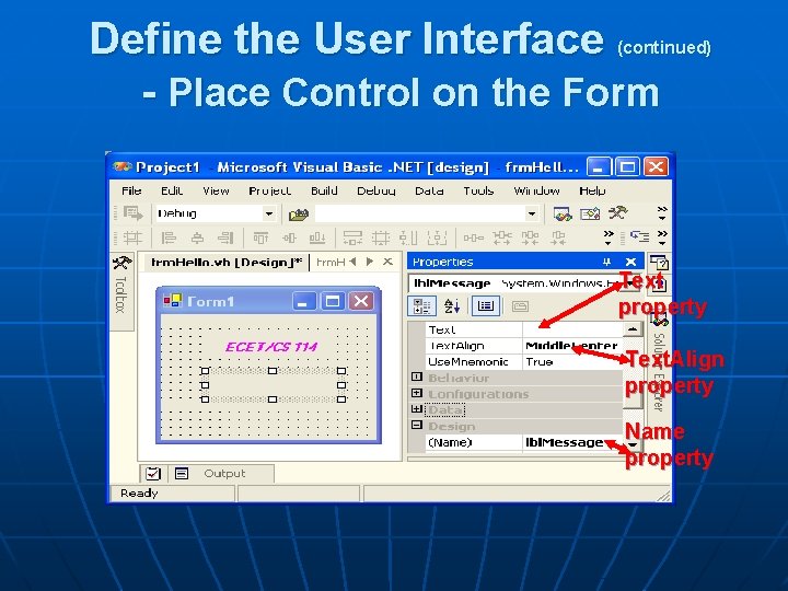 Define the User Interface - Place Control on the Form (continued) Text property Text.