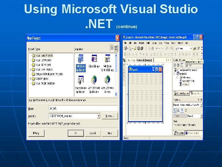 Using Microsoft Visual Studio. NET (continue) 