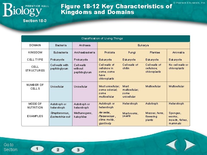 Figure 18 -12 Key Characteristics of Kingdoms and Domains Section 18 -3 Classification of