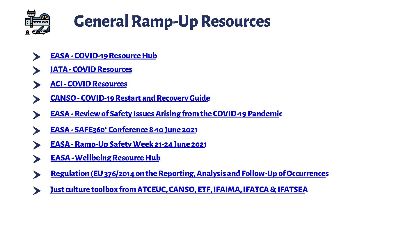 General Ramp-Up Resources EASA - COVID-19 Resource Hub IATA - COVID Resources ACI -