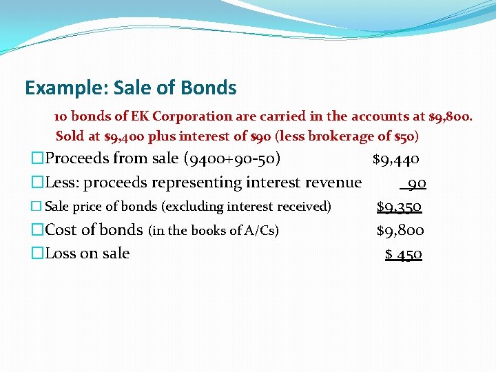 Example: Sale of Bonds 10 bonds of EK Corporation are carried in the accounts