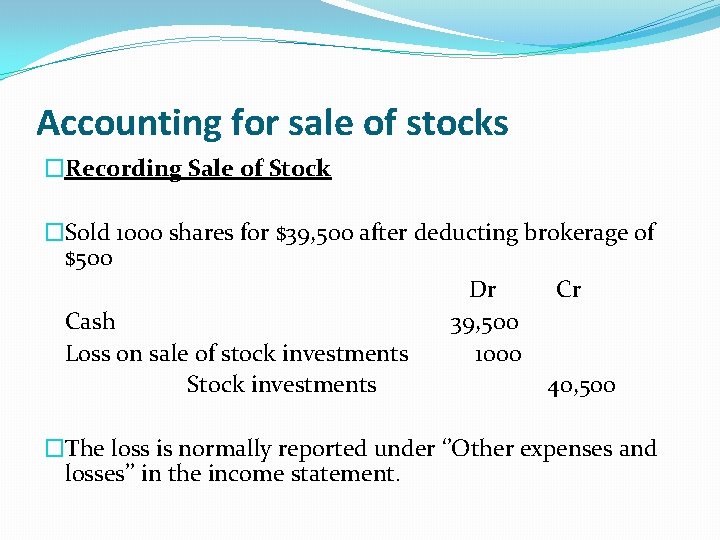 Accounting for sale of stocks �Recording Sale of Stock �Sold 1000 shares for $39,