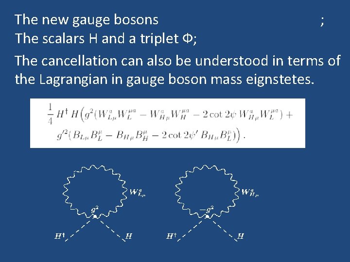The new gauge bosons ; The scalars H and a triplet Ф; The cancellation
