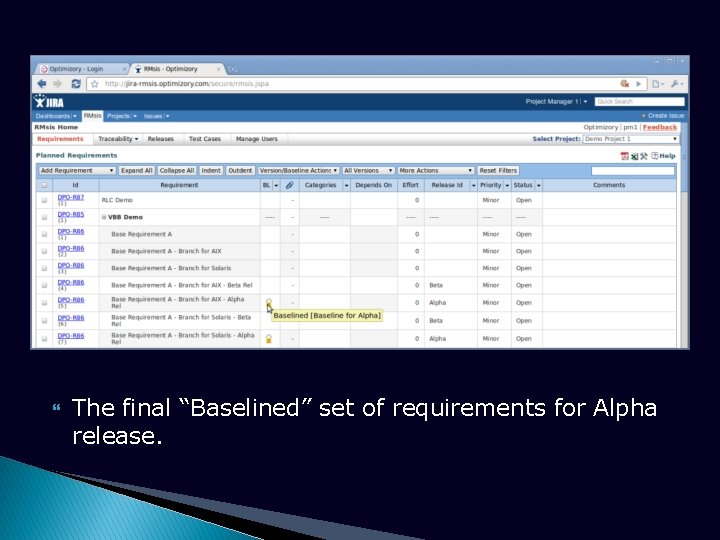  The final “Baselined” set of requirements for Alpha release. 