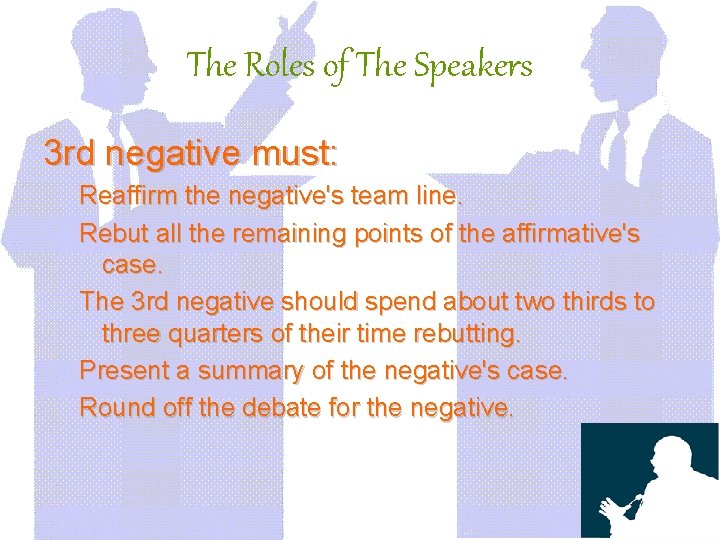 The Roles of The Speakers 3 rd negative must: Reaffirm the negative's team line.