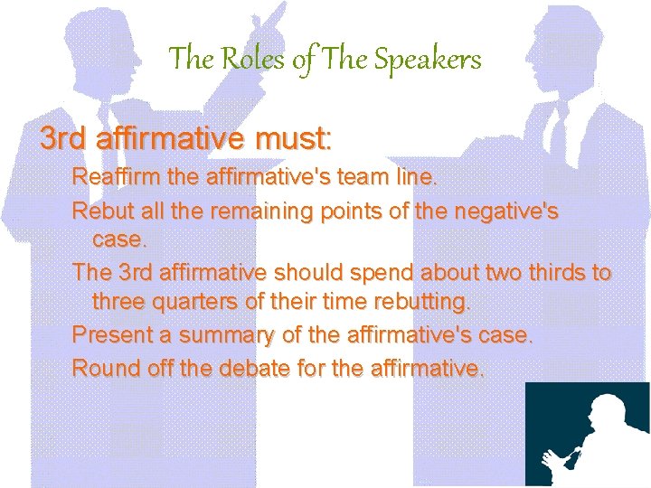 The Roles of The Speakers 3 rd affirmative must: Reaffirm the affirmative's team line.