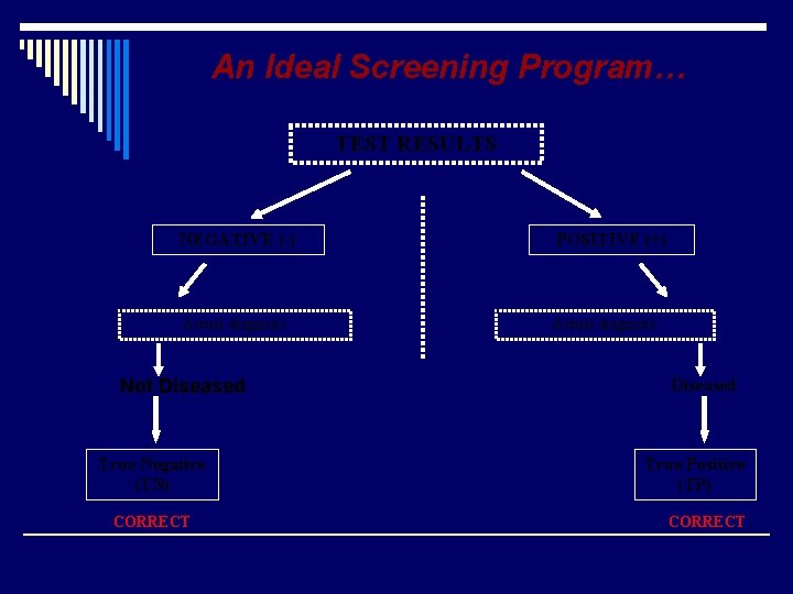 An Ideal Screening Program… TEST RESULTS NEGATIVE (-) POSITIVE (+) Actual diagnosis Not Diseased
