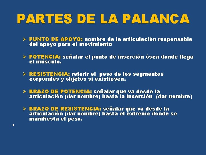 PARTES DE LA PALANCA Ø PUNTO DE APOYO: nombre de la articulación responsable del