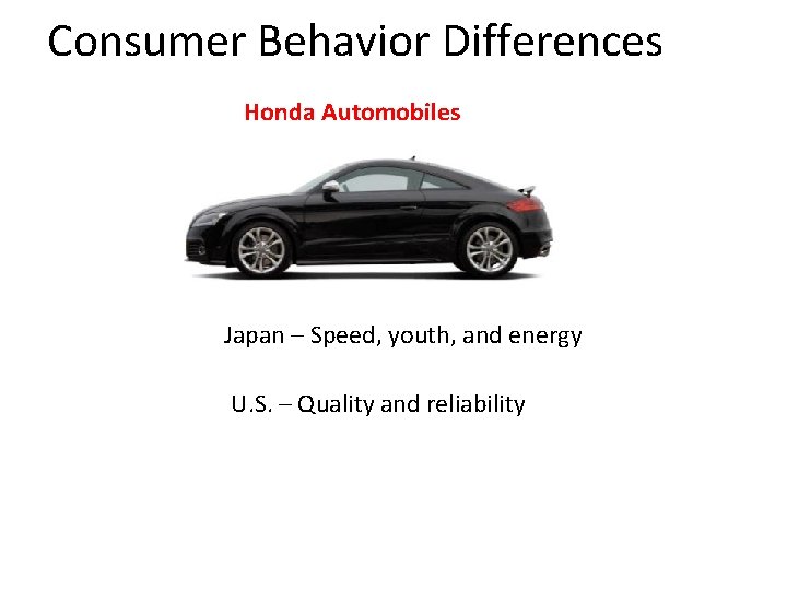 Consumer Behavior Differences Honda Automobiles Japan – Speed, youth, and energy U. S. –