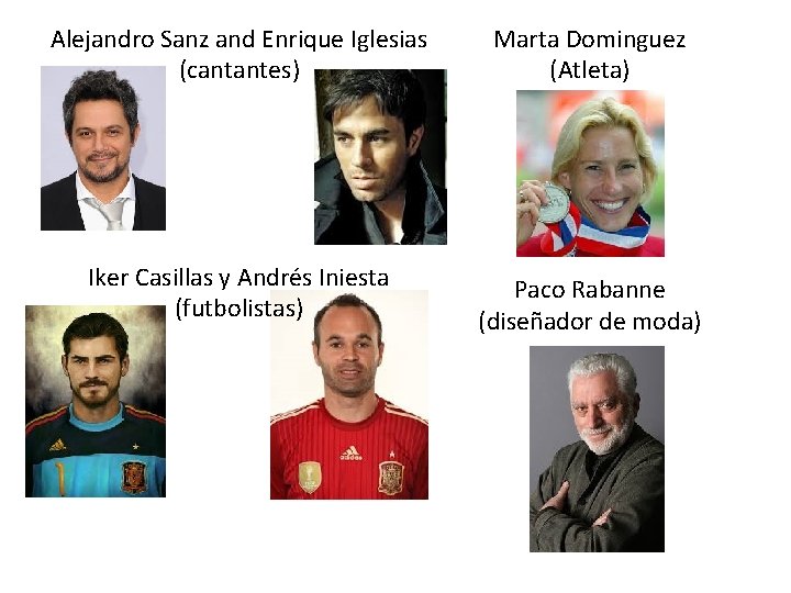 Alejandro Sanz and Enrique Iglesias (cantantes) Marta Dominguez (Atleta) Iker Casillas y Andrés Iniesta