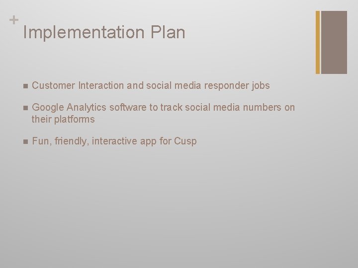 + Implementation Plan n Customer Interaction and social media responder jobs n Google Analytics