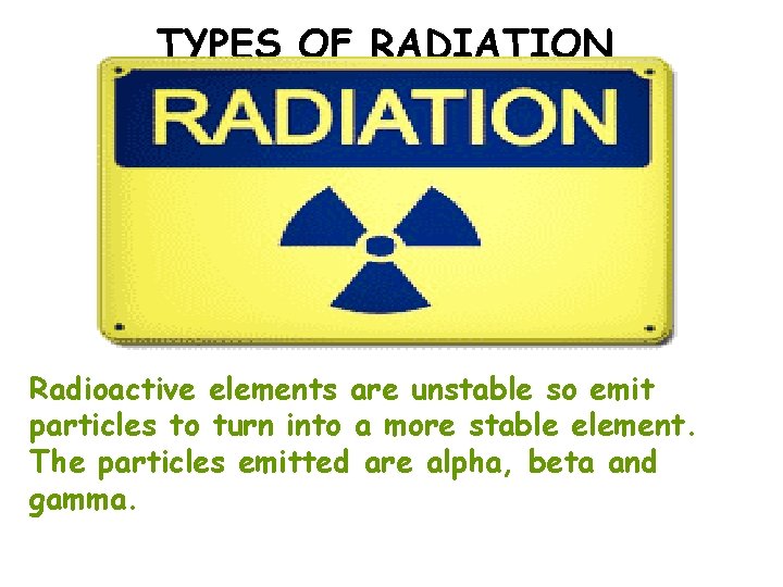 TYPES OF RADIATION Radioactive elements are unstable so emit particles to turn into a