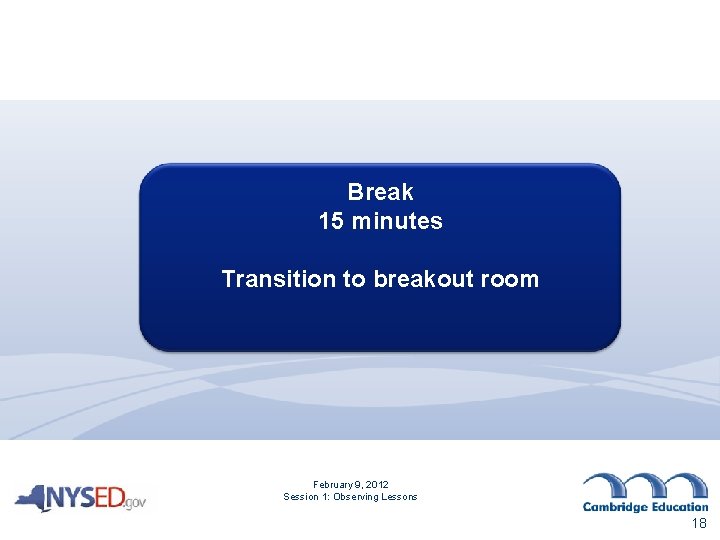 Break 15 minutes Transition to breakout room February 9, 2012 Session 1: Observing Lessons