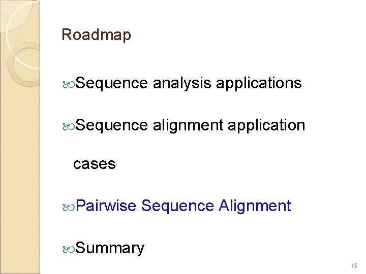 Roadmap Sequence analysis applications Sequence alignment application cases Pairwise Sequence Alignment Summary 15 