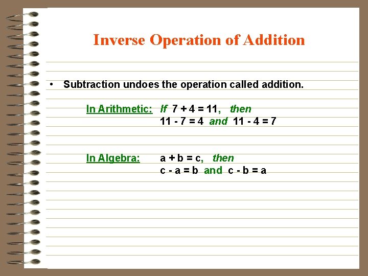 Inverse Operation of Addition • Subtraction undoes the operation called addition. In Arithmetic: If