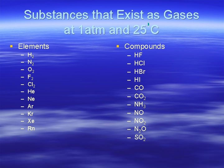 Substances that Exist as Gases at 1 atm and 25 C § Elements –