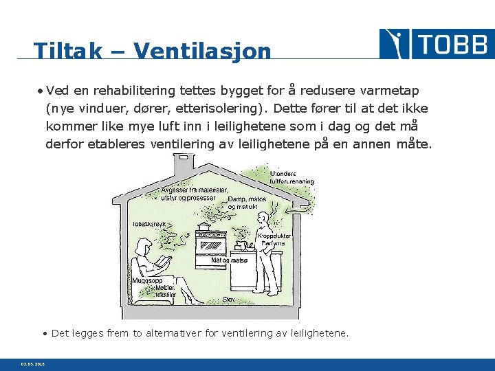 Tiltak – Ventilasjon • Ved en rehabilitering tettes bygget for å redusere varmetap (nye