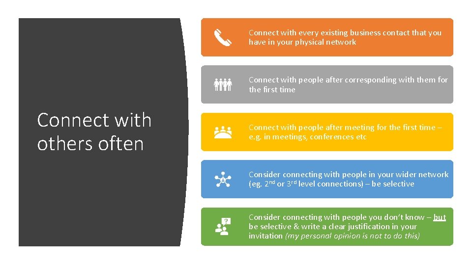 Connect with every existing business contact that you have in your physical network Connect