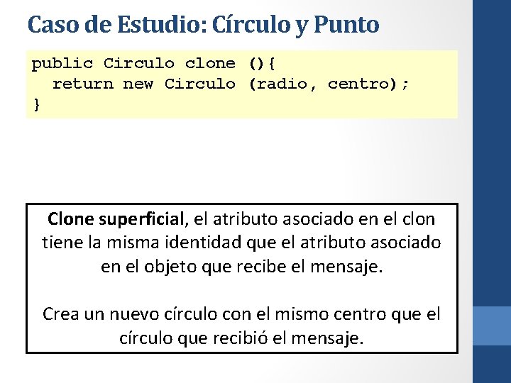 Caso de Estudio: Círculo y Punto public Circulo clone (){ return new Circulo (radio,