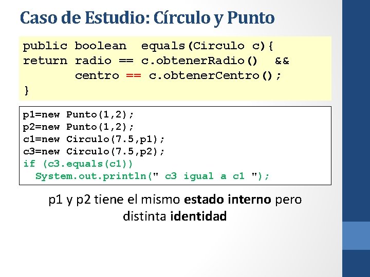 Caso de Estudio: Círculo y Punto public boolean equals(Circulo c){ return radio == c.