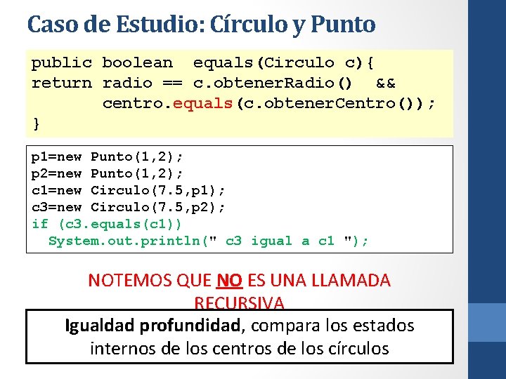 Caso de Estudio: Círculo y Punto public boolean equals(Circulo c){ return radio == c.