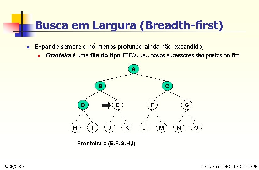 Busca em Largura (Breadth-first) n Expande sempre o nó menos profundo ainda não expandido;