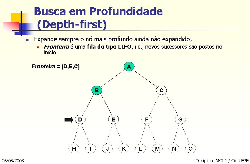 Busca em Profundidade (Depth-first) n Expande sempre o nó mais profundo ainda não expandido;